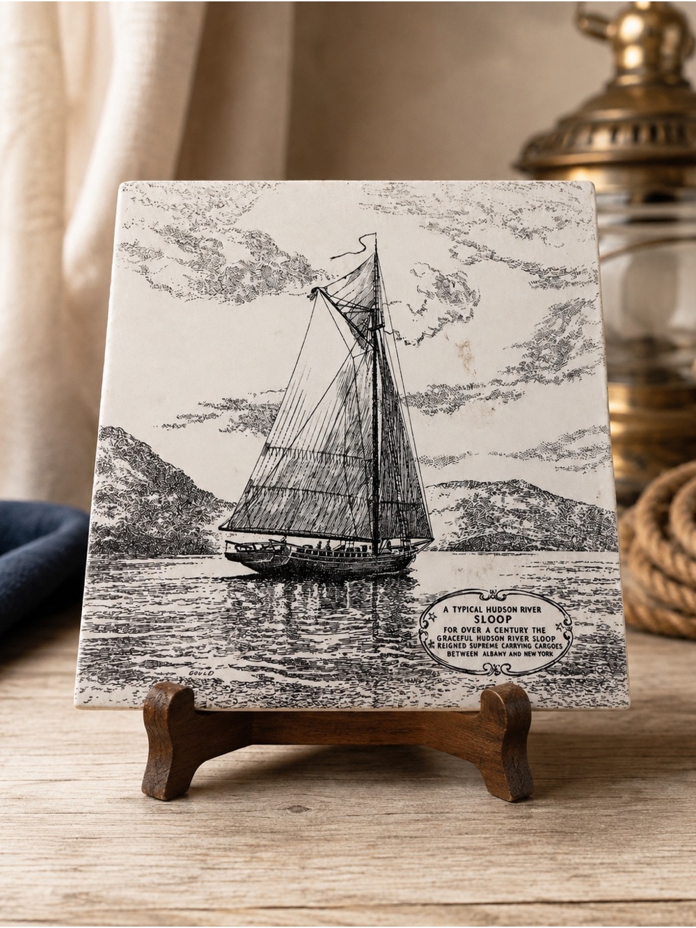 Vintage Hudson River Sloop Ceramic Art Tile Nautical Sailboat Wall Decor 6 Inch